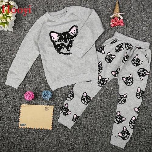 Hooyi Grey Girls Sport Suits Cat Children Tracksuits Autumn Spring Baby Girl Sweatshirt + Trouser Sets Fashion Girl Clothes Tops