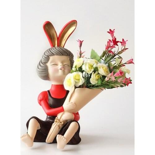 Resin Art Statue Cute Girl Nordic Décoration Home Vase Artificial Flowers With Vase Badroom Desk Room Decoration Accessories
