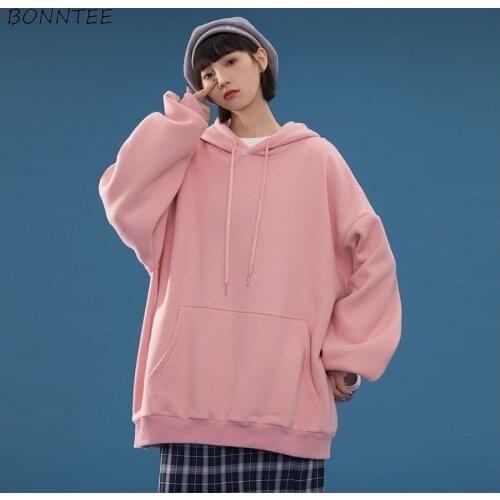 Hoodies Women Solid Long Sleeve Couples Candy Color Harajuku Oversize Hooded Casual Korean Style Pullovers Female Trendy Classic