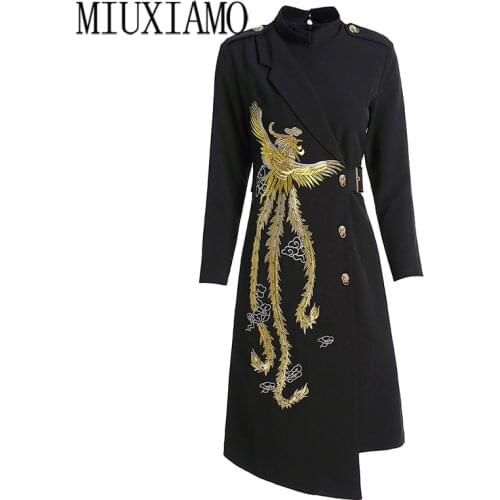 MIUXIMAO 2021Spring Autumn Womens Dress Fashion Designer Dress Stand Collar Phoenix Embroidery Elegant Asymmetrical Dresses