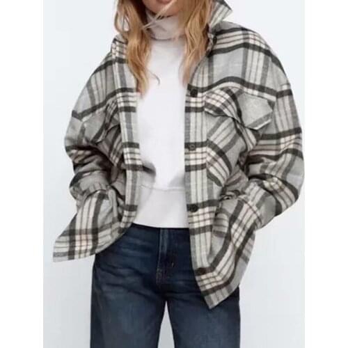 Womens Plaid Shirt Jacket Single-Breasted Large Pockets Loose Slim Autumn And Winter Fashion Cardigan Top