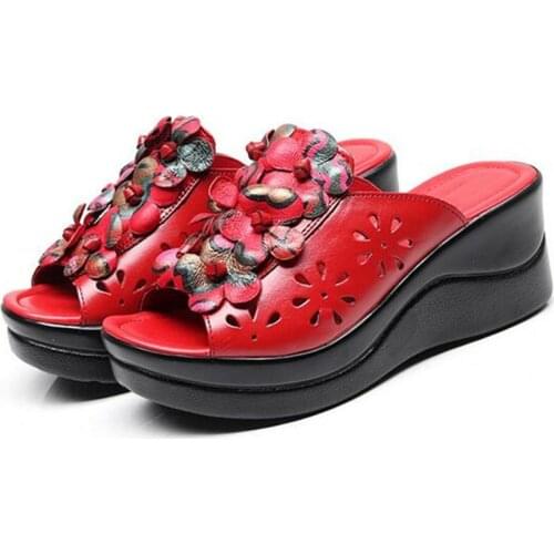 High End Flower Cowhide Leather Sandals Women Slippers New 2020 Summer Platform Wedges Sandals Woman Shoes Fashion Sandals