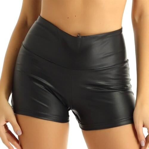 ChicTry Women Wet Look Black Faux Leather High Waist Skinny Tummy Control Sexy Shorts Festival Rave Nightclub Pole Dance Shorts