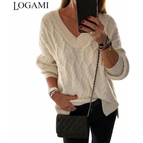 LOGAMI V Neck Womens Sweaters 2019 Winter Autumn Long Sleeve Sweaters and Pullovers Ladies Jumpers