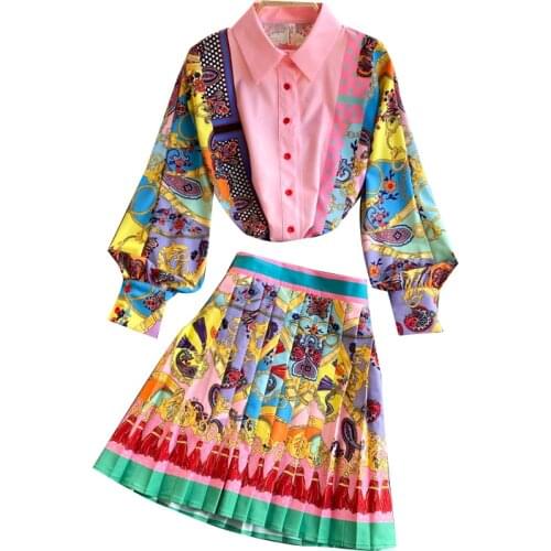 Spring Summer Two Piece Set Women 2021 Fashion Boho High Waist Slim Pleated Mini Skirt Print Puff Sleeve Blouse Tops Female Suit