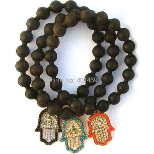 Crystals color beaded hamsa evil eye hand charms black silicone bracelet fashion jewelry 3pcs lot each colors way equally mixed