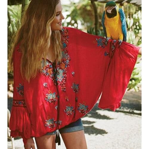 Boho Blouse 2017 floral embroidered flare long sleeve v-neck Casual holiday chic Bohemia loose style women top Hippie Blouses
