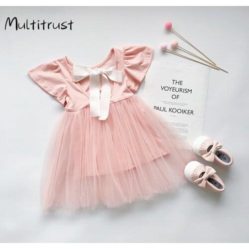 Multitrust Kids Dresses Cute Bow Mesh Backless Summer Short Sleeve Princess Dress Vestidos Baby Girl Party Costume Birthday