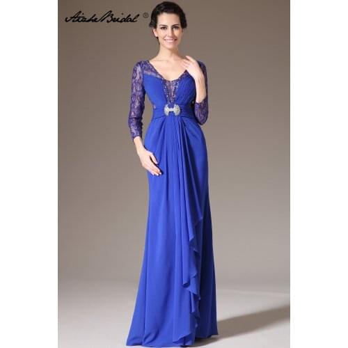 V Neck 3/4 Sleeve Royal Blue Chiffon Long Formal Womens Dress Elegant Mermaid Mother of the Bride Dresses vestido mae da noiva