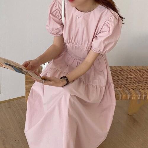 Elegant Pink Pleated O Neck Puff Short Sleeve Dress Women Loose High Waist Fashion Vestido Feminino 2021 Spring FT869