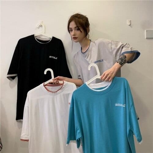 Fake two-piece short-sleeved T-shirt female ins tide loose Korean version of the net red Hong Kong flavor chic half-sleeved top