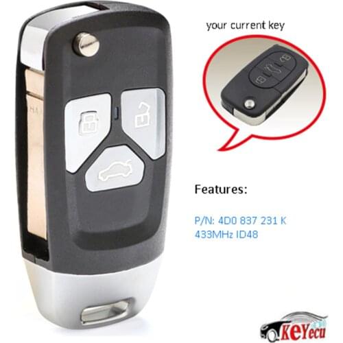 KEYECU Replacement Upgraded Replacement Flip Remote Key Fob 433MHz ID48 for Audi A6 TT 1998-2006 4D0 837 231 K