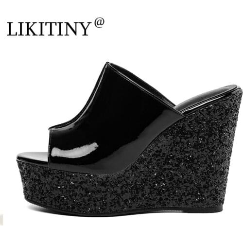 LIKITINY 2021 Summer Wedges heels Genuine Leather platform white Slippers peep toe Casual slides Womens shoes shiny leather 33