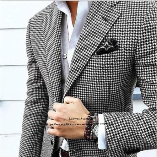Mens Suits Casual Houndstooth Formal Business Blazer Groom Wedding Tuxedo Classic Plaid Slim Fit Male 2 Piece Set (Jacket+Pants)