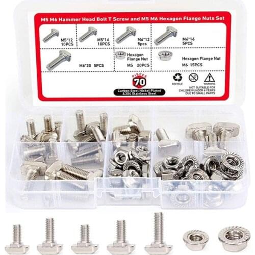 M5 M6 T Screw and Hexagon Flange Nuts Set Carbon Steel Nickel Plated for 20 30 Series European Standard T-Slot Aluminum Profile