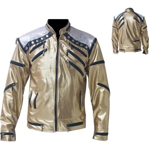 Rare PUNK Rock Motorcycle Classic MJ MICHAEL JACKSON Costume Beat it Golden Zipper Jacket For Fans Imitator Best Gift