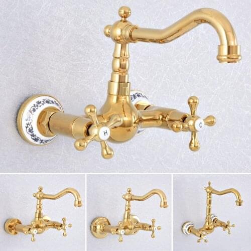 Luxury Gold Color Brass Wall Mounted Bathroom Kitchen Basin Sink Faucet Mixer Tap Swivel Spout Dual Cross Handles Kitchen Faucet
