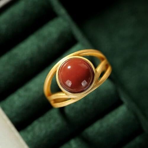 S925 Sterling Silver Gilding Inlaid Southern Red Agate Ring Oval Agate Ring Womens Open Ring Hand Jewelry