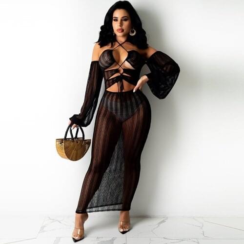 Sexy Mesh Sheer Transparent Bandage Beach Dress Women Off Shoulder Lantern Sleeve Skinny Dress Summer Hollow Out Fitness Dress