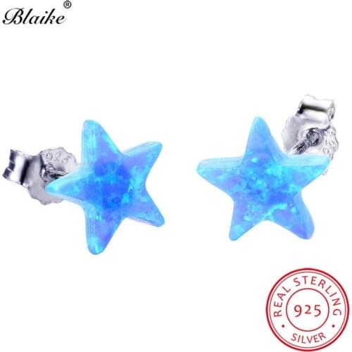 Blaike Blue/White Fire Opal Cute Triangle Star Square Stud Earrings For Women 925 Sterling Silver Birthstone Earrings Jewelry