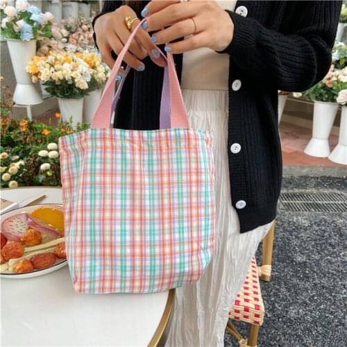 Bags For Women 2020 Hot Sale Vintage Hand Plaid Pink Green Yellow Orange Elegant Shoulder Canvas Cotton Tote Soft Large Capacity