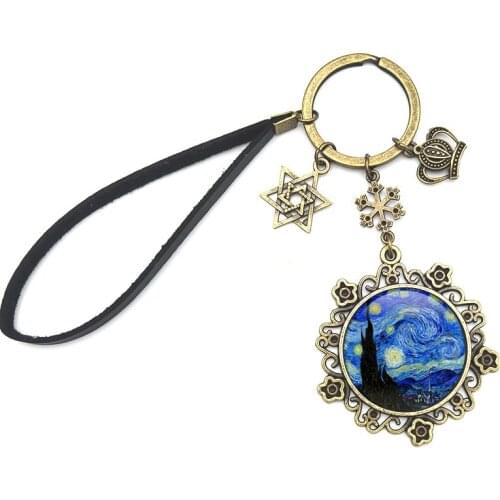 SUTEYI Rope Chain Snowflake Flower Glass Dome Van Gogh Starry Night Keychain Art Picture Key Rings Jewelry Christmas Gift