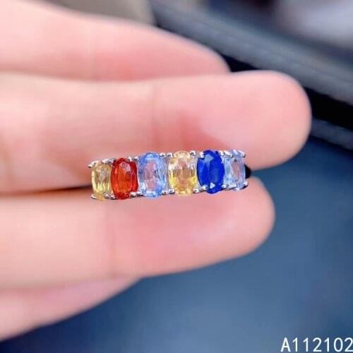 KJJEAXCMY fine jewelry 925 sterling silver inlaid Natural color sapphire New girls classic rainbow color gem ring support test