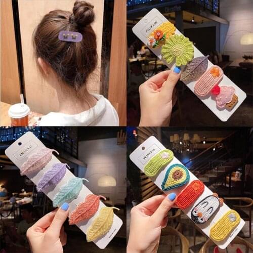 2021 New Autumn Korean Cute Knitting Embroidery Wool Girl Hair Clip Hairpin Cartoon Flower Fruits Animal Headdress Accessories