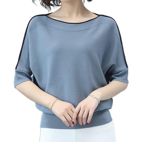 Women T-shirt Spring Summer Clothes 2021 Silk Knitted Half Sleeve Crop Tops Loose Design Tee Sexy Female Slim Black Blue Tops