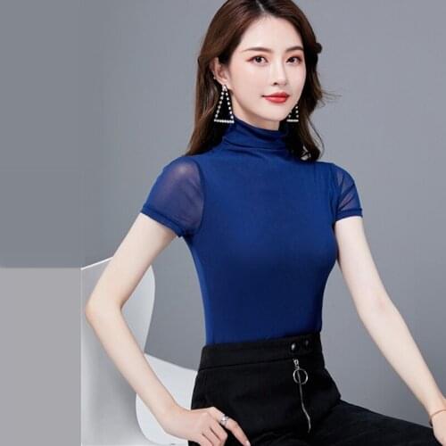 Korean Fashion Mesh Tank Top Women Lace Office Lady Tank Top Short Sleeve Solid Plus Size XXXL Shirt Black Clothing for Women