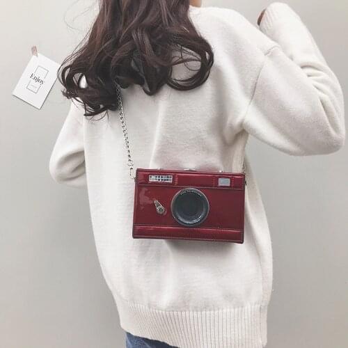 Women bag diamond chain Fashion PU shoulder bag purses Korean Patent leather Camera shape shoulder bag