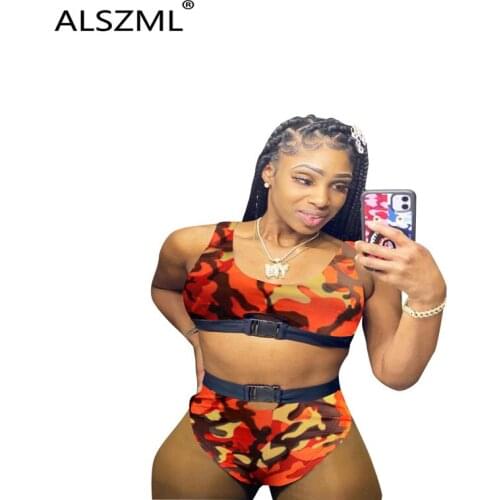 2020 hot recommend camouflage condole belt u neck crop top and hot shorts 2 pieces set high street lady fashion tracksuit