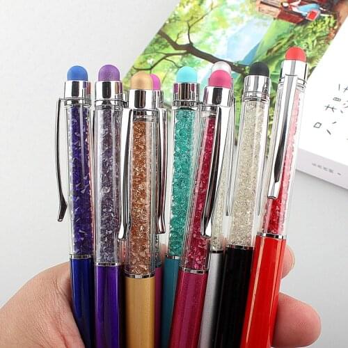 1Pcs/Sell) Creative Crystal Pen Diamond Ballpoint Pens Stationery Ballpen Stylus Pen Touch Pen 11 Colors Oily Black Refill