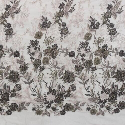 2021 High quality brown french lace wedding dress fabric with pearls and beads HY1265-1