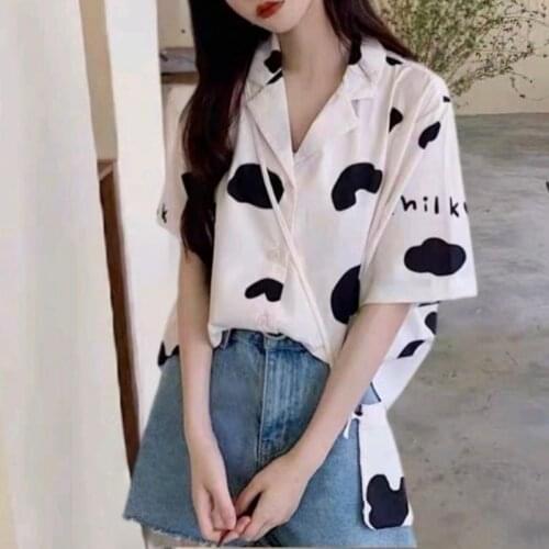 Deeptown Women Kawaii Shirt Collar Cow Print Blouse Summer Korean 2021 Fashion Soft Girls Polka Dot Cute Tops Casual Ladies Chic