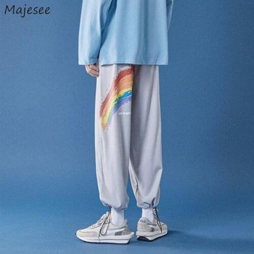 Casual Pants Men Printed Loose Baggy Sports Campus Trousers All-match Jogging Ankle-length Korean Style Rainbow Students Chic