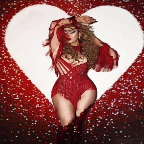 H60 Dance Singer Sexy Long Sleeves Mesh High Elastic Stretch Club Bodysuit Feathers Female Tight Party Pole Tassels See-Through