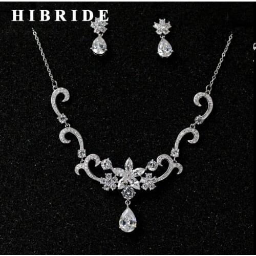 HIBRIDE Elegant Leaf Design Cubic Zirconia Pendant Dubai Jewelry Set Women Bridal Necklace Earring For Wedding Gifts N-245