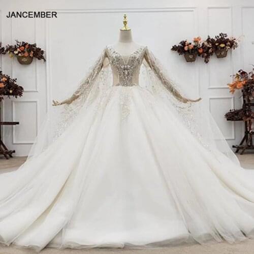 HTL1551 Rode Diamond Crystal Luxury Charming Shawled Wedding Dress 2020 Beaded Pleat Ball Gown V-Neck Lace Up Back suknia ślubna