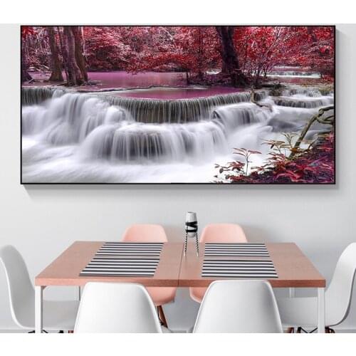 Natural Waterfall Landscape Canvas Painting Forest Red Tree Scenery Posters and Prints Wall Art Picture For Living Room Decor