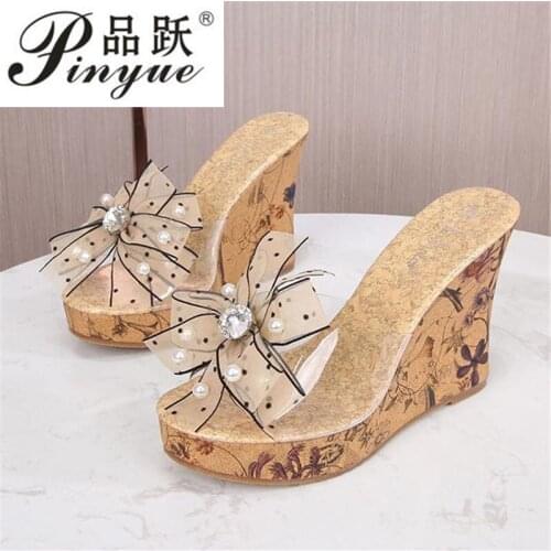 Summer new wedge heel high diamond sexy see-through ladys shoes lace flower bow slippers