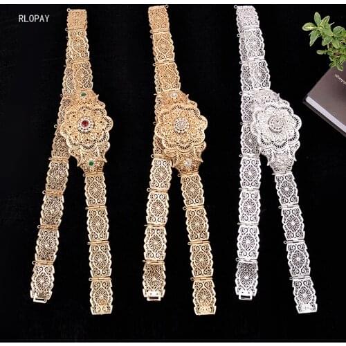 Morocco Chic Flower Shape Women Waist Chains with Rhinestone Gold Jewelry Belts for Abaya Luxury Arabic Wedding Belts