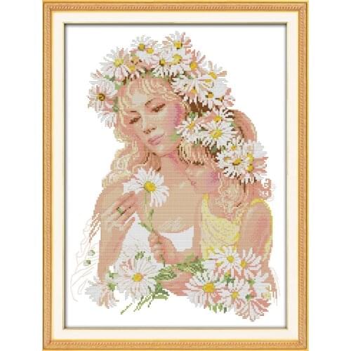 Mother and daughter with flowers cross stitch kit people 18ct 14ct 11ct count print canvas stitches embroidery DIY handmade