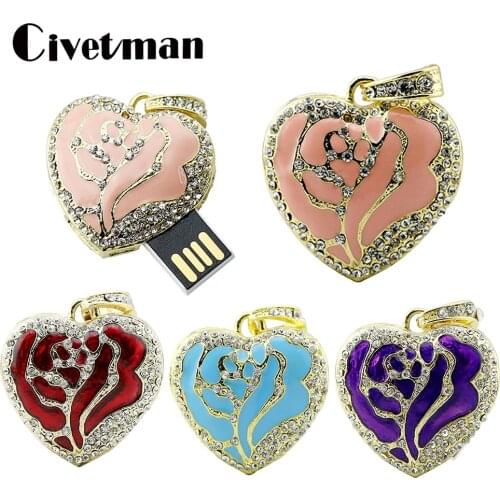 Fashion Jewelry Crystal Heart USB Flash Drive 4GB 8GB 16GB 32GB 64GB 128GB 256GB Pen Drive Memory Stick Disk Necklace Pendrive