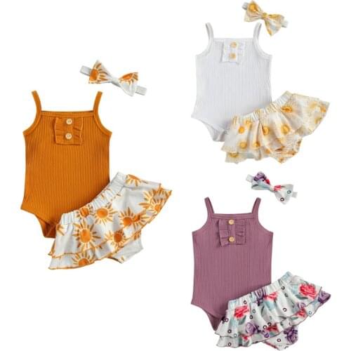 3Pcs Fashionable Baby Girls Outfit Summer Solid Color Sleeveless Suspender Romper + Printing Short Skirt + Bow Headwear Set