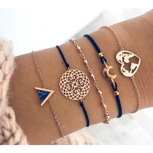 Hot Sales New Bohemian Black Rope Chain Bracelet Set For Women Gifts Boho Moon Heart Bangle Sets