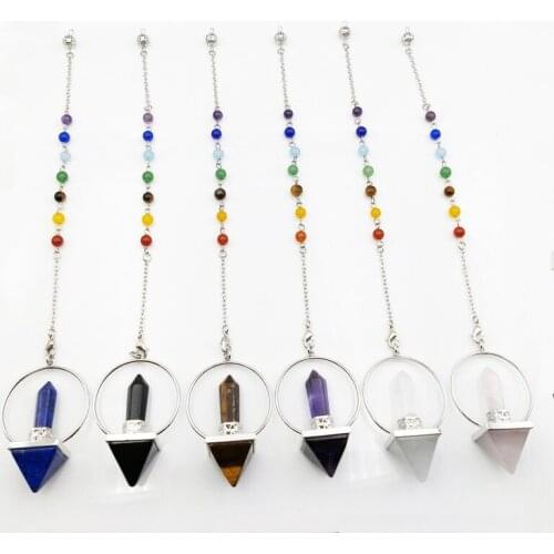 Natural Agates Hexagonal Pillar Pyramid Pendulum 7 Color Beads Chain Chakra Reiki Healing Point Gems Pendants Jewelry
