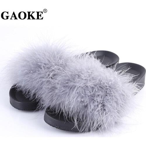New Fur Furry Slide Feather Thick Bottom Beach Female Sandals Hair Soft Flip Flops Women Home Slippers Indoor