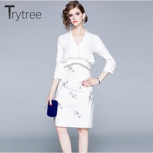 Trytree 2020 Autumn Women Casual Dress V-neck Solid Embroidery Ruffles Zipper Three Quarter Sleeve A-line Loose Fashion Elegant