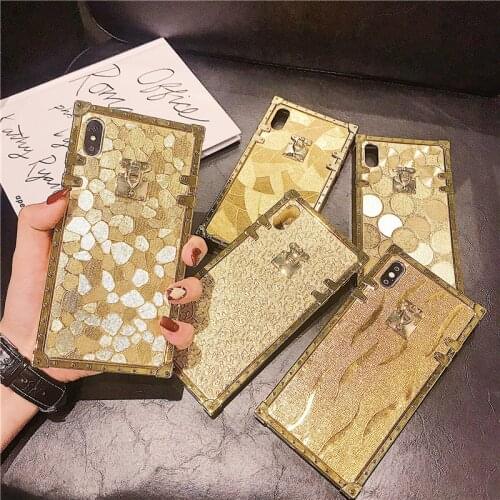 Luxury golden square phone case For iPhone 11 Pro X XR XS MAX 7 8 6 6S Plus For Samsung S8 S9 S10 Plus Note 9 10 8 10plus Cover